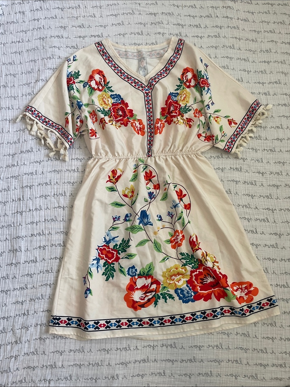 Cream Floral Fringed Sleeve Dress
